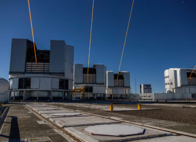 At ESO’s Paranal Observatory in Chile, the four eight-metre diameter telescopes of the Very Large Telescope (VLT) each shoot their laser beam into the sky.